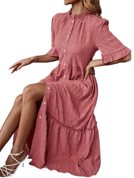

frill trim button front ruffle hem flounce sleeve dress 68xy#, Black;gray