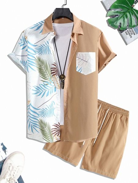 

men tropical print shirt & drawstring waist shorts without tee p3z4#, Gray
