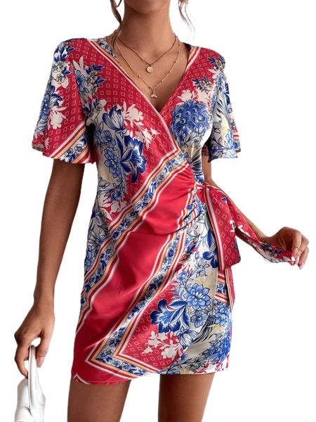 

floral print tie side wrap dress d1jw#, Black;gray