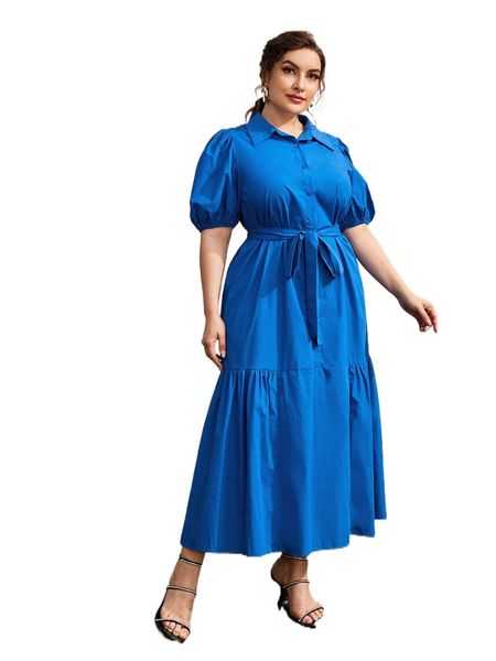 

plus solid puff sleeve self belted dress f8po#, Black