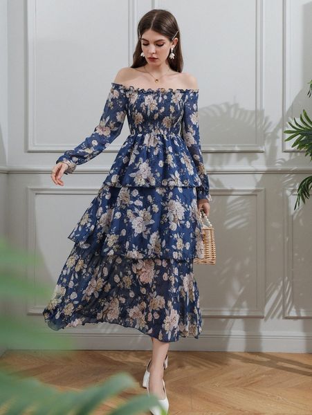 

allover floral print off the shoulder shirred layered hem dress o33j#, Black;gray