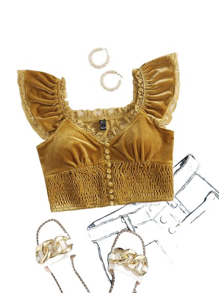 

sweetheart lace trim button detail velvet crop tee u143#, White