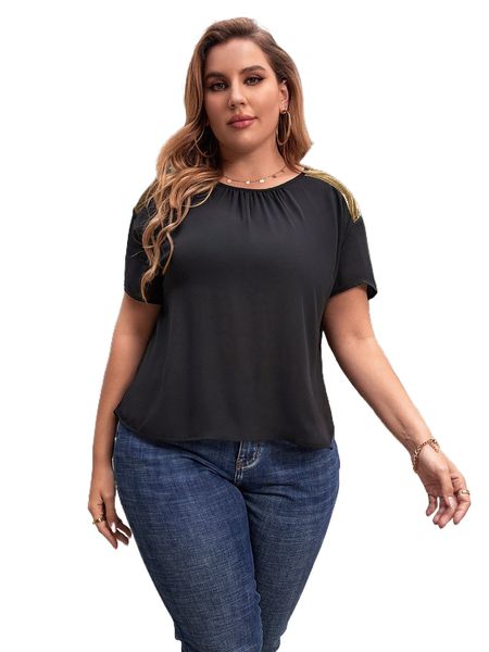 

plus colorblock crew neck blouse d3ft#, Black