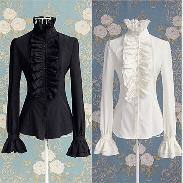 Moda Victorian Womens Tops Ruffles Manga Longa Frill Cor Sólida OL Camisa de Escritório Babados Algemas Alta Pescoço Blusa Outono Tops 220725