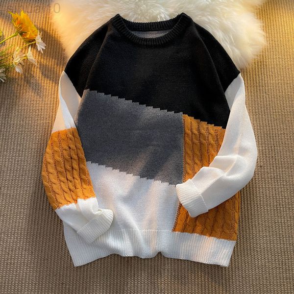 

patchwork sweater for men women vintage japanese style fashion loose jumpers casual o-neck couple knitted pullovers l220801, White;black