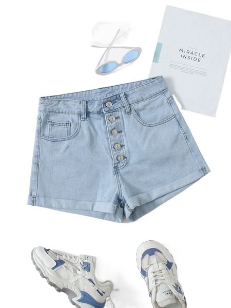 

button fly roll up hem denim shorts q0oj#, White;black