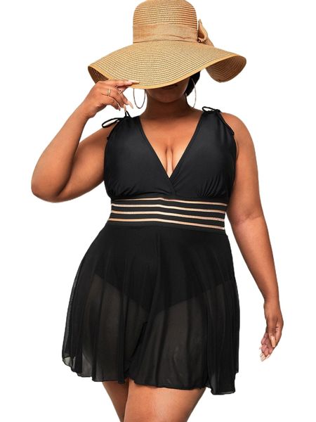 

plus mesh insert drawstring shoulder high waist one piece swimsuit o7il#, White;black