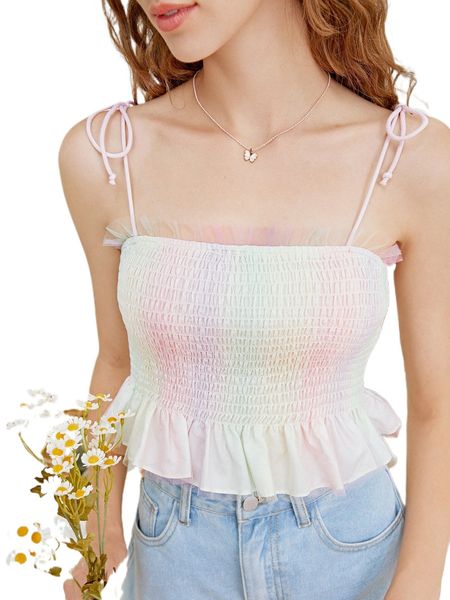 

ombre tie shoulder shirred peplum mesh cami d9ig#, White