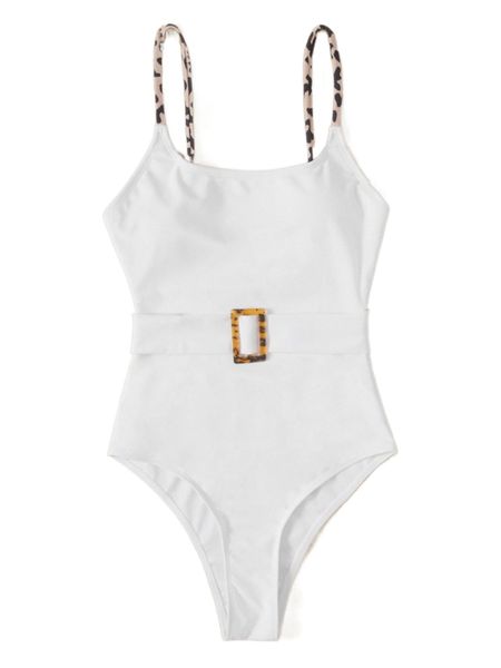

leopard print buckled detail belted one piece swimsuit 85uj#, White;black