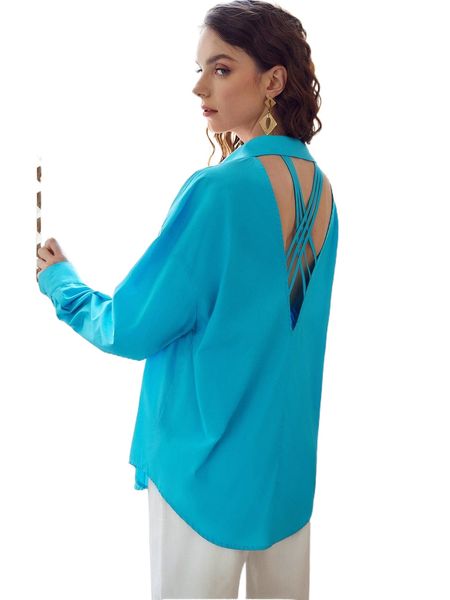 

drop shoulder crisscross open back curved hem blouse n5xn#, White