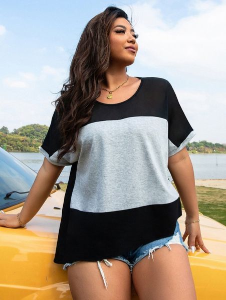

plus colorblock batwing sleeve tee y4sa#, Black