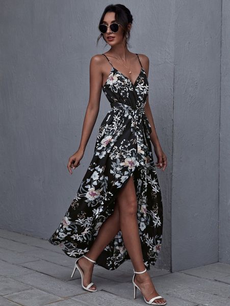 

wrap belted floral print cami dress o6en#, Black;gray