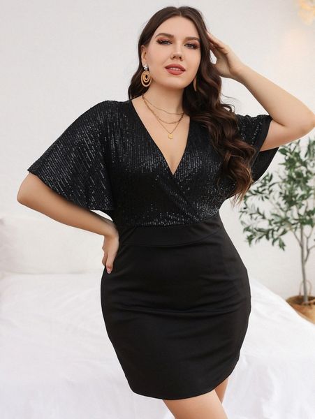 

plus contrast sequin butterfly sleeve dress w3m1#, Black