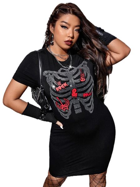 

plus skeleton rhinestone letter graphic tee dress o5jk#, Black