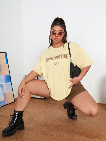 

plus letter graphic drop shoulder tee & biker shorts s41r#, Black