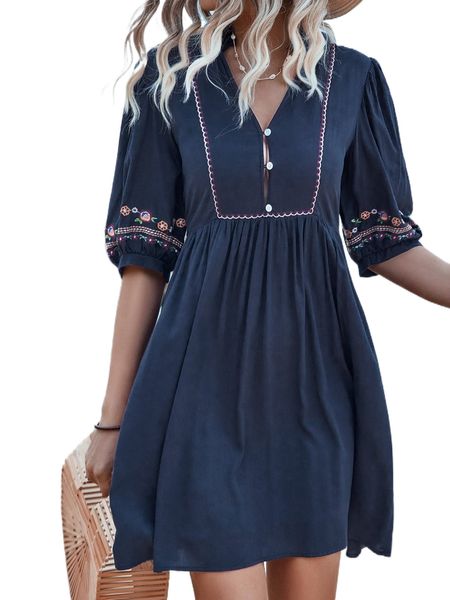 

floral embroidery puff sleeve smock dress c0wa#, Black;gray