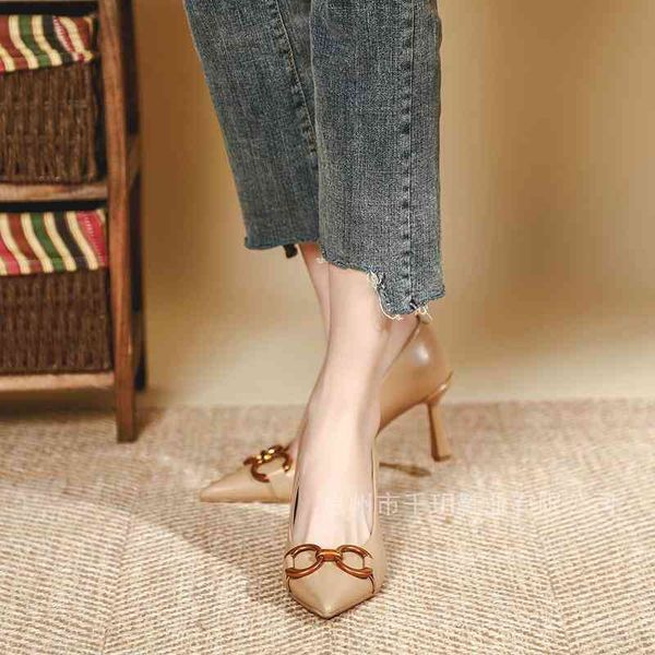 

dress shoes high heeled single shoes women's lady fashion metal buckle leather pointed shallow mouth with skirt stiletto djy mu5r, Black