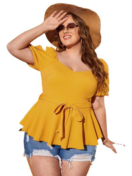 

plus sweetheart neck puff sleeve peplum belted blouse q0cc#, Black