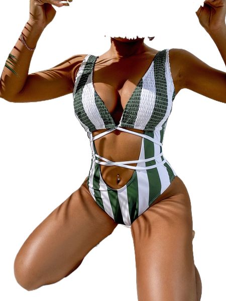 

striped smocked cut out lace up one piece swimsuit 89fa#, White;black
