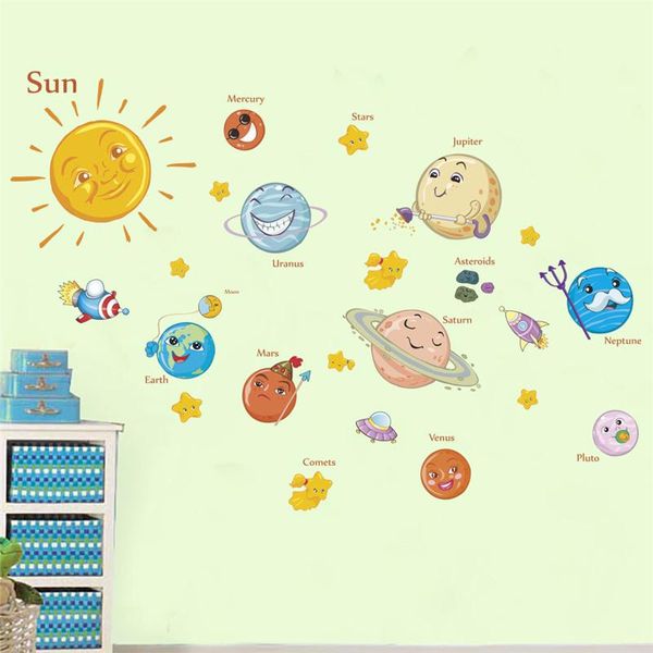 Wandaufkleber, Cartoon-Sonnensystem, Planeten, Raumschiff, für Kinderzimmer, Schlafzimmer, Dekoration, Jungen, Kinderzimmer, Wandbild, Kunst, DIY, PVC, Heimaufkleber, Wandaufkleber