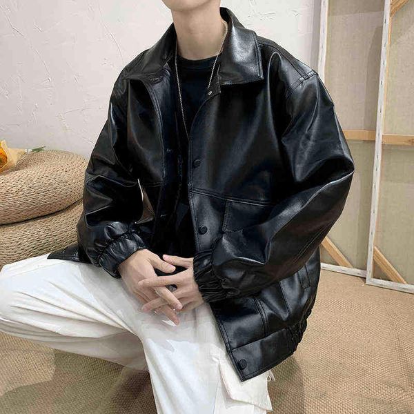 

korean fashion vintage leather jacket men spring motorcycle pu leather jacket male turndown collar casual coat faux leather 2022 t220728, Black