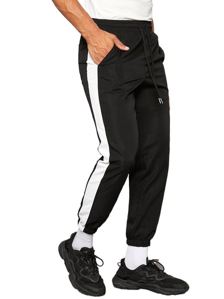 

men contrast side seam drawstring waist pants t6t2#, Black