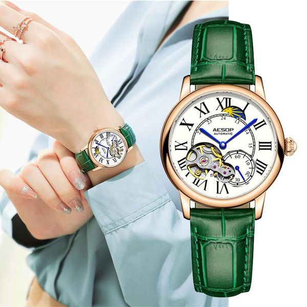 Relógios de pulso assistem mulheres de luxo de esqueleto mecânico automático genuíno de couro de safira de mulher relógio feminino relógio femininowristwa
