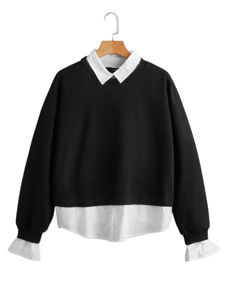 

contrast collar flounce sleeve 2 in 1 sweatshirt h5kr#, Black