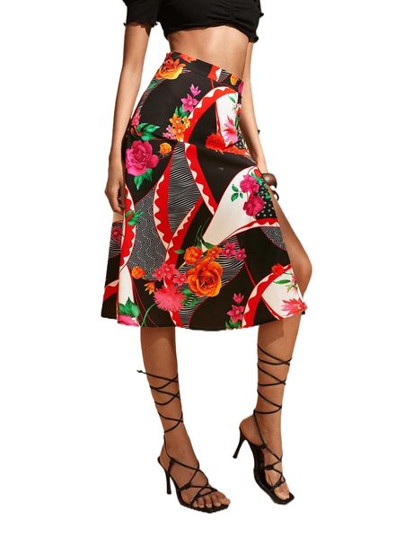 

floral & colorblock print split thigh skirt n8oa#, Black