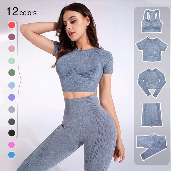 

2pcs set seamless women yoga workout sportswear gym clothing fitness long sleeve crop high waist leggings sports suits 220518, Gray