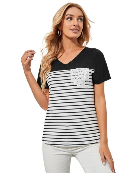 

emery rose striped guipure lace panel tee h3eh#, White