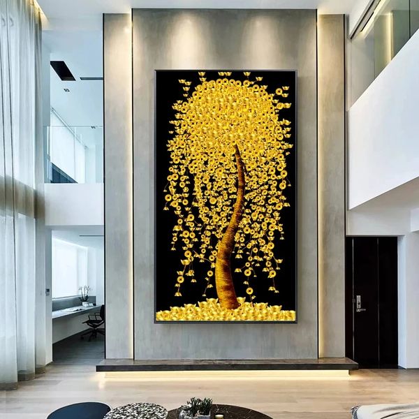 Golden deixa dinheiro canvas de tela pintura a óleo folha abstrata Arte da parede moderna Arte nórdica Decoração da sala de estar Cuadro
