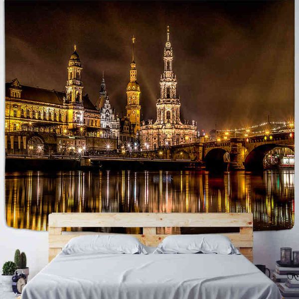 Tapestry City Night Scene Tapestry Rivers High Buildings Beautiful Lighting Eur