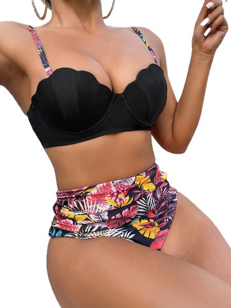 

tropical print push up bikini swimsuit m4di#, White;black