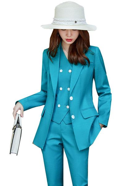 Damen Zweiteilige Hosen Hohe Qualität Damen Hosenanzug Frauen Rosa Blau Marine Khaki Formale Blazer Weste und Hose 3 Set für Arbeit Business Wea