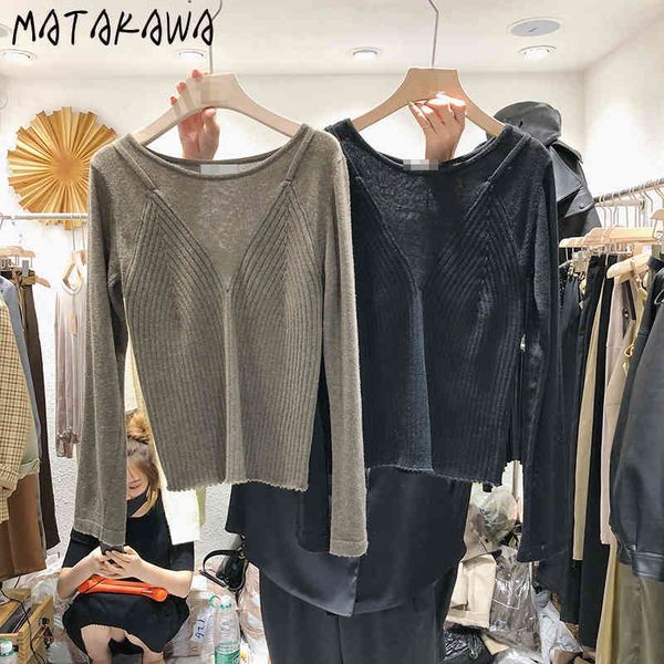 

fake two knitted korean spring solid color woman tshirts base pullover round neck temperament t shirts 210506, White