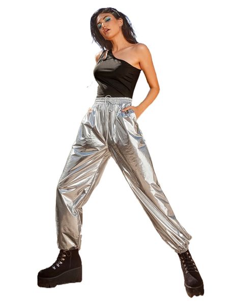 

x nyc drawstring waist slant pocket metallic silver jogger v2ux#, Black;white