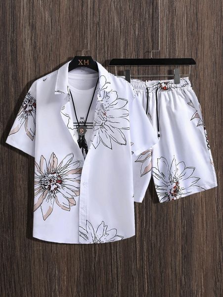 

men floral print shirt & drawstring waist shorts without tee p0wr#, Gray