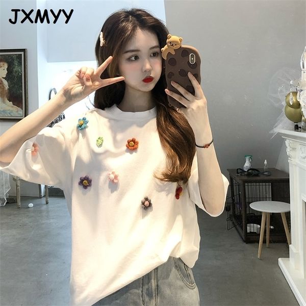 

white t-shirt women's short-sleeved summer style loose fashion design flower salt half-sleeved jxmyy 210412