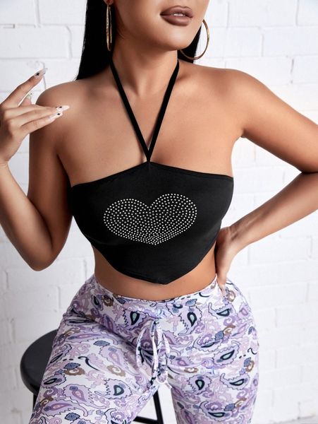 

rhinestone heart pattern bandana hem halter 37hz#, White