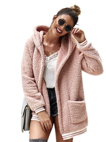 

contrast stripe trim hooded teddy jacket g29u#, Black;brown