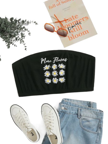 

plus 1pc daisy and letter graphic crop tube p0lv#, Black