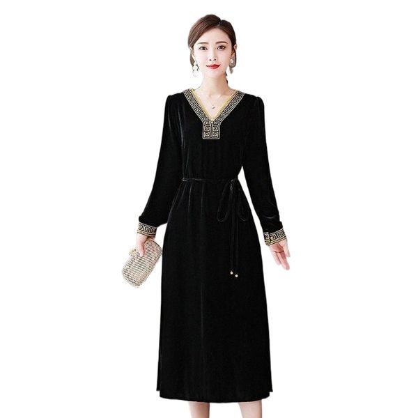 

jiumeidai 2022 women autumn chinese style velvet dress lady elegant embroidery long dresses female v-neck vintage party clothing casual r11c, Black;gray