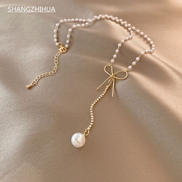 

korean new trend gold bow pearl chain luxury zircon pearl butterfly pendant fashion woman's sweet necklace party gift jewelry, Silver