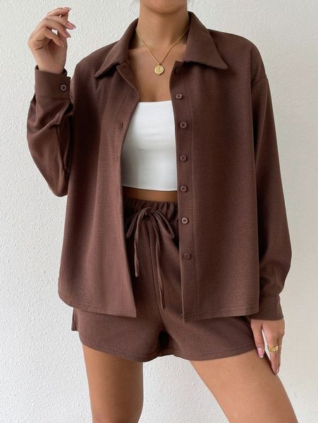 

drop shoulder shirt & knot front shorts set z524#, White