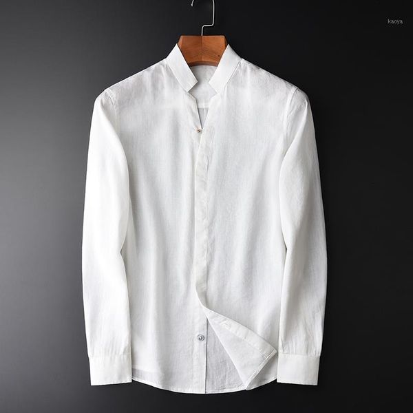 Minglu Spring Autumn linen Camisas masculinas Hight Quality Stand Collar Slim Color Solid White Confortável Manga longa Casual Casual