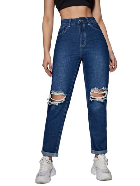 

high waist ripped straight leg jeans a03m#, Blue