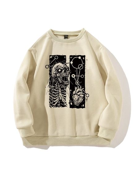 

geo & skeleton print thermal pullover 50jd#, Black