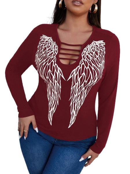 

plus wings print cut out keyhole neck tee c05w#, Black