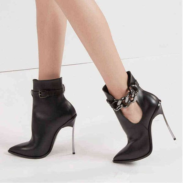 Boots Women Metal Chain High Heels Novo Europeu e American Be Finth Fashion Burchle Sapatos únicos preto 34-41 220709